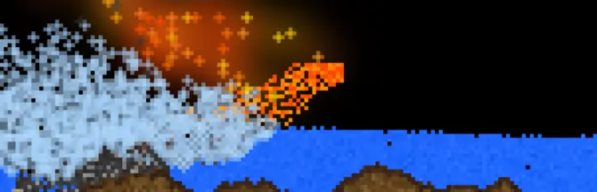Magma falling into water inside Sandboxels Studio, forming basalt and steam